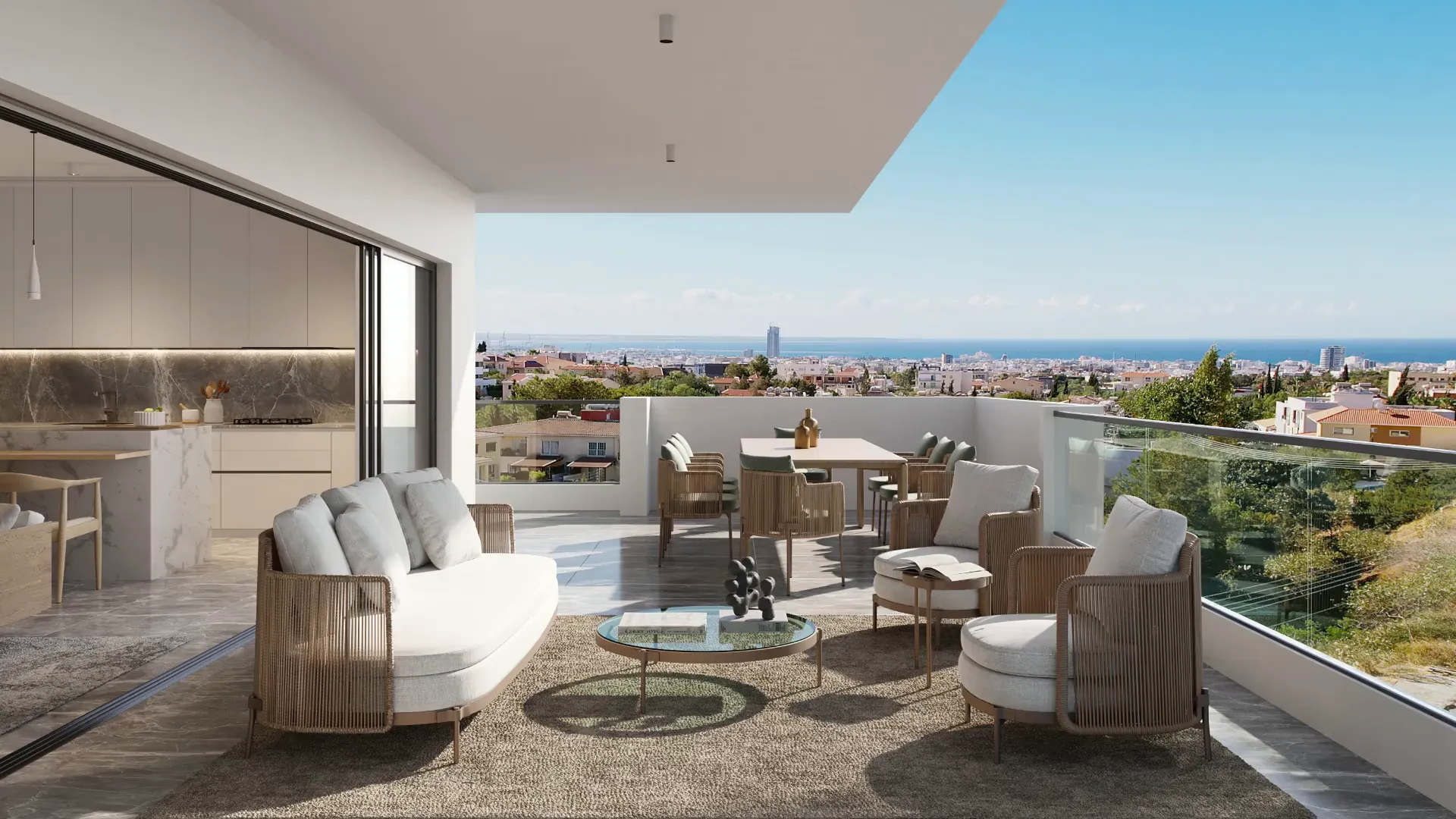Panthea B terrace with outdoor seating and a view across Limassol. Artist’s impression.